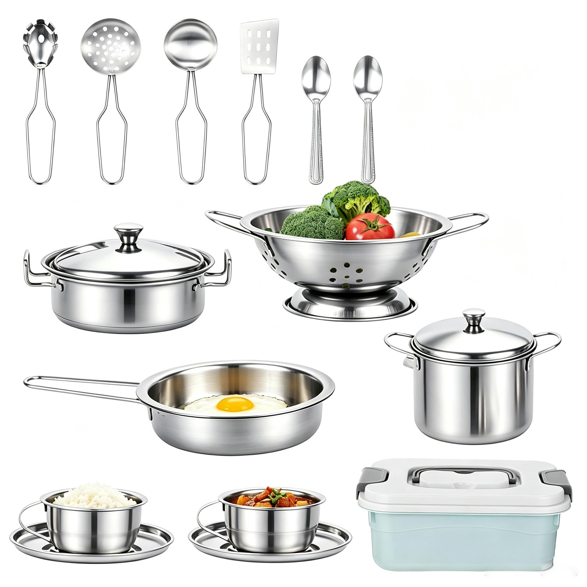 RANJIMA Mud Kitchen Accessories, Pack of 17 Stainless Steel Play Kitchen
