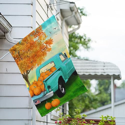 Miniatura 3 de Bandera de casa de camiones con diseño de calabaza y texto en inglés «America Forever Fall», color verde azulado, de 28 x 40 pulgadas, de doble