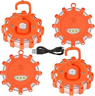 VANCLE USB-C Rechargeable LED Road Flares Roadside Emergency Light, Safety Warning Flashing Flare Beacon Disc Strobe Traffic with Magnetic Base for Construction Vehicles Truck Boat(Amber,4 Pack)