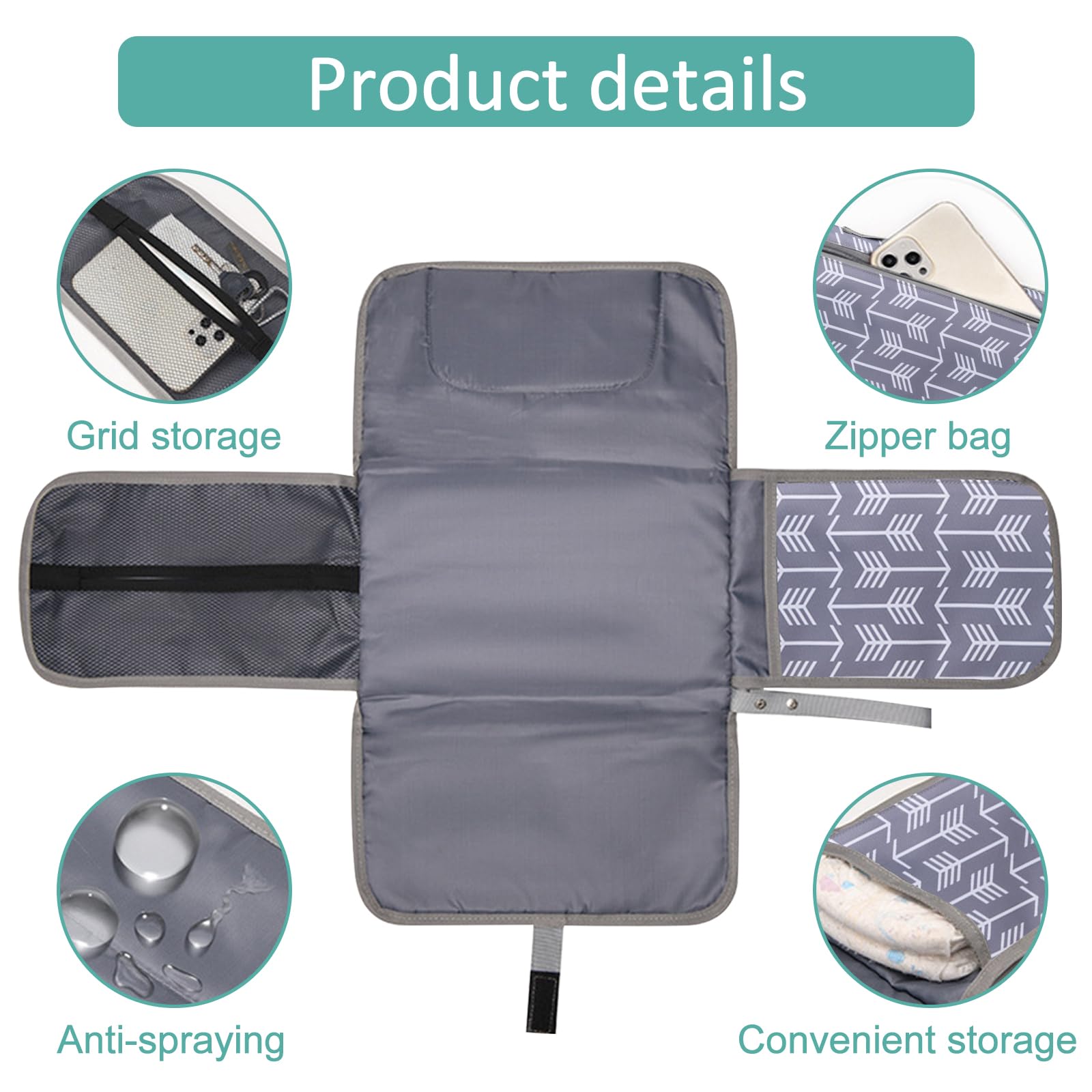 Cambiador portátil, cambiador portátil plegable e impermeable, dispensador de toallas y un cómodo cojín, reutilizable, lavable a máquina, viaje y regalo bautizo (gris)