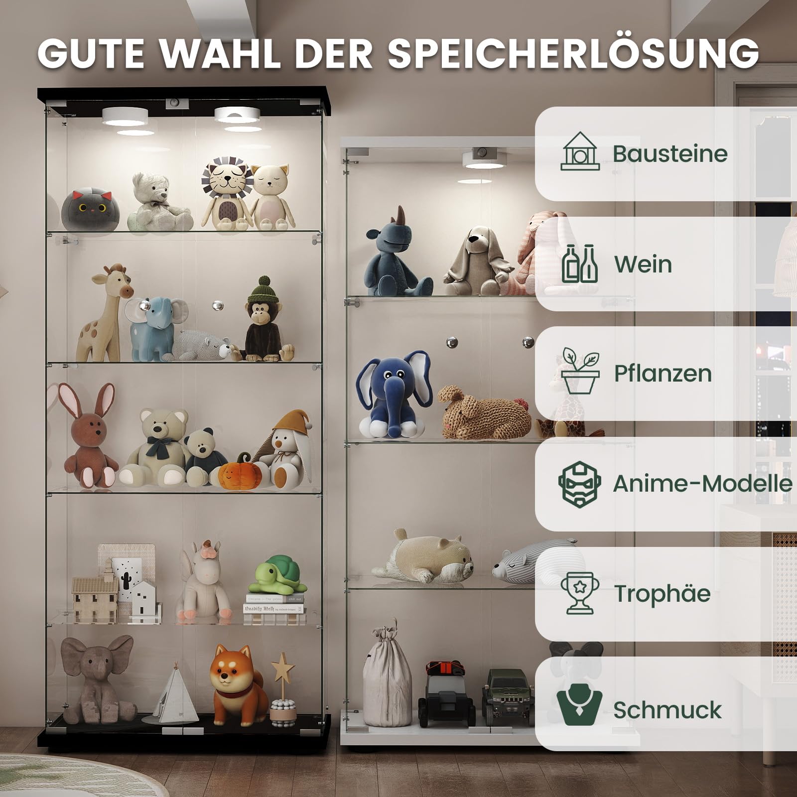 Aplancee Glasvitrine mit LED, 5 Ebenen und 2 Türen, 188x36x80 cm, Schwarz