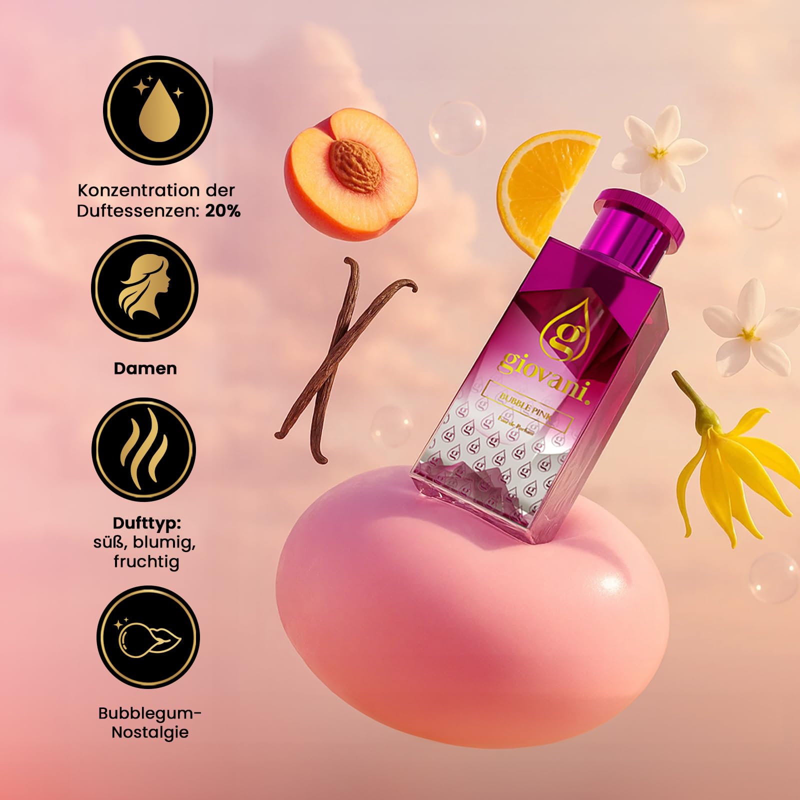 Giovani BUBBLE PINK Parfum 50 ml – Langanhaltendes Damen Eau de Parfum mit Pfirsich, Orange, Jasmin & Vanille – Süßer, blumig-fruchtiger & sinnlicher Premium-Duft