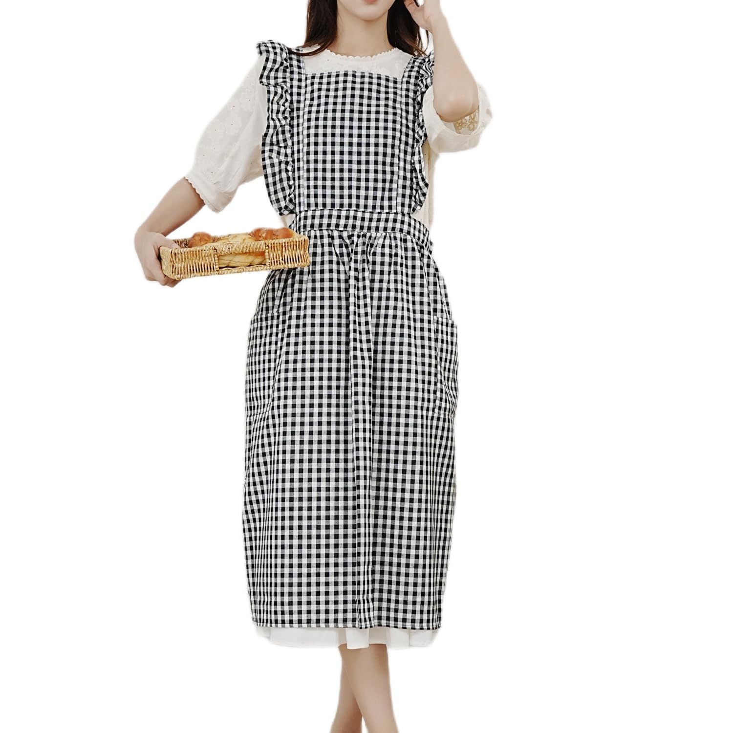 Ruffles Plaid Apron Cute Cotton Large Pleated Lace Up Stain Resistant Cover Up — image 1