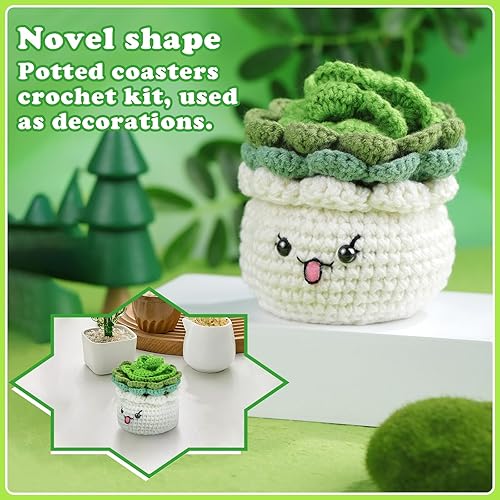 Miniatura 6 de FTEVEN Kit de ganchillo para principiantes, 3 posavasos para plantas en maceta, kit de inicio de ganchillo para adultos principiantes, kit de tejido