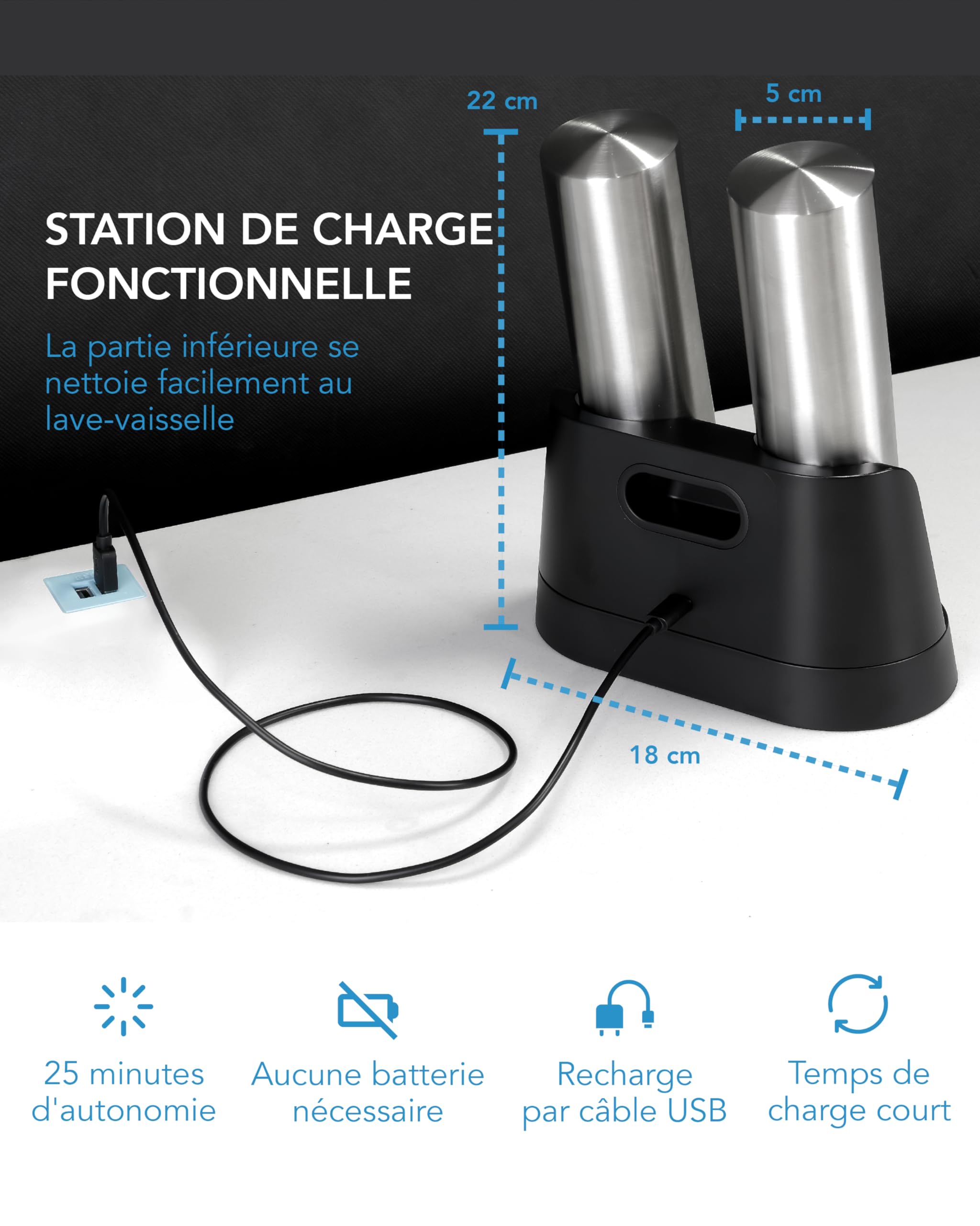 Moulin à sel et poivre électrique rechargeable LEBENLANG avec batteries