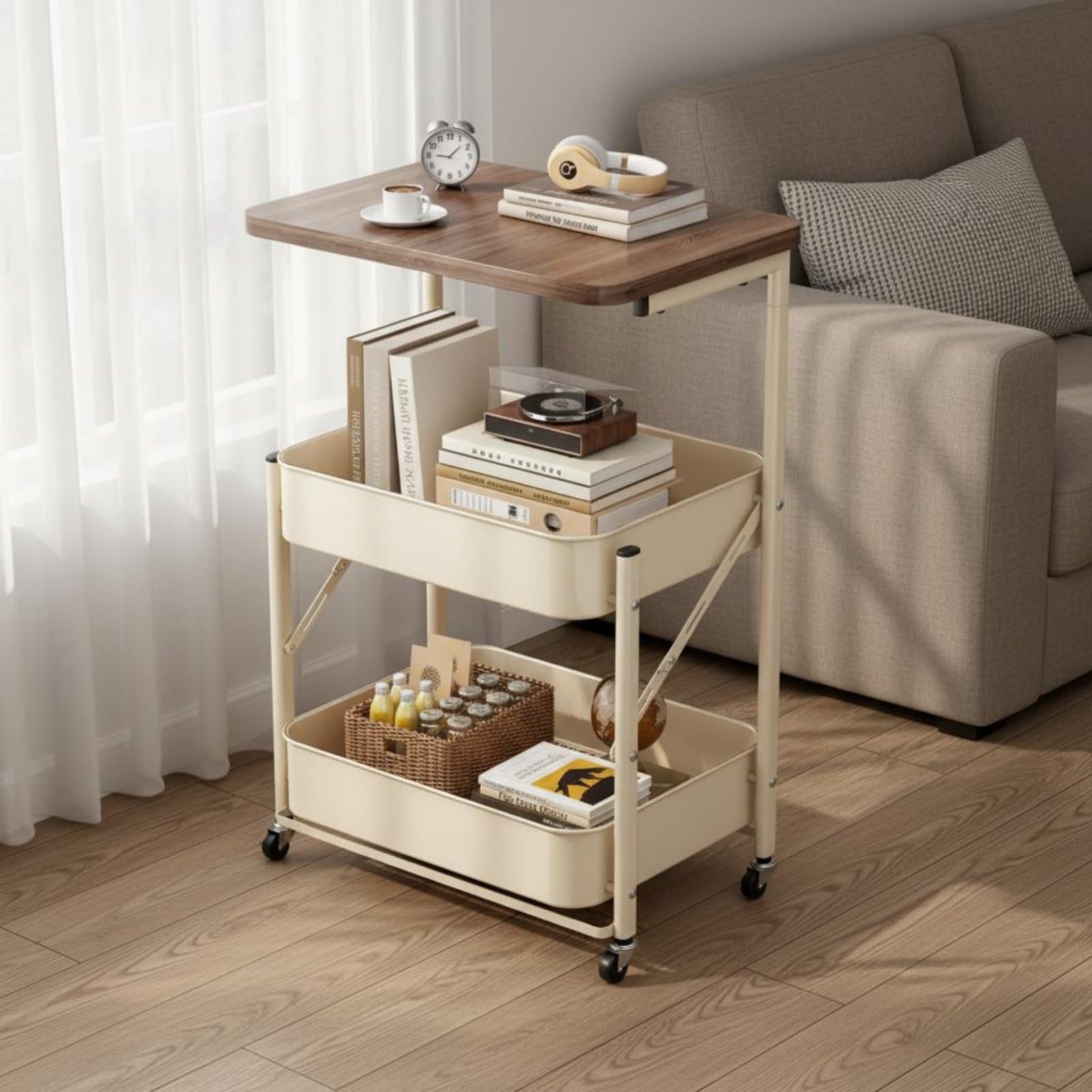 Jiuvaso Carrello Pieghevole Carrello Portaoggetti 3 Ripiani Carrello Portarotelle con Ripiano Superiore in Legno E a Filo Pieghevole Salvaspazio con Ruote, Bianco Crema
