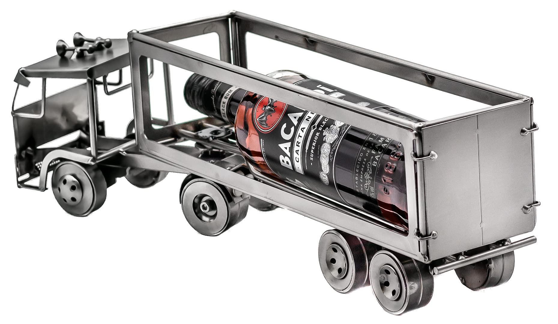 STEEMO Schraubenmännchen Weinflaschenhalter LKW – Handgefertigter Lastwagen aus Stahl, originelle Geschenkidee für Trucker und Weinfreunde, dekorative Hausbar-Deko, 46x10,5x15 cm