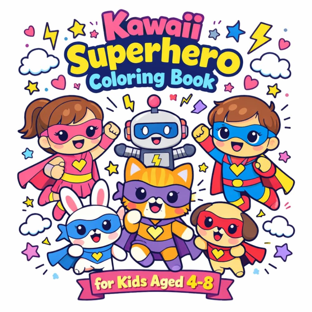 Kawaii Superhero Coloring Book for Kids: Cute and Easy Coloring Pages with Adorable Heroes, Animals, and Fun Adventures for Kids Ages 4–8