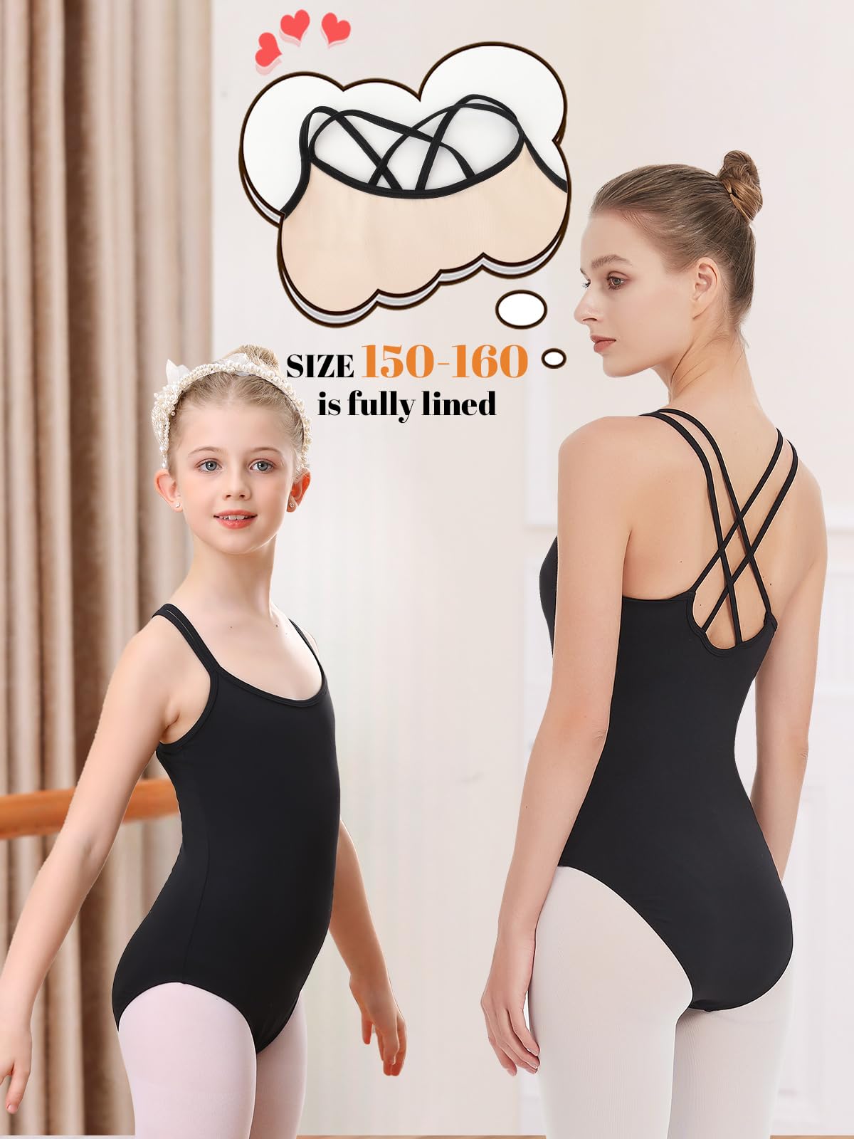 Body nero per ragazze, body da balletto, canotta, danza, ginnastica, abbigliamento da danza per 3-13 anni