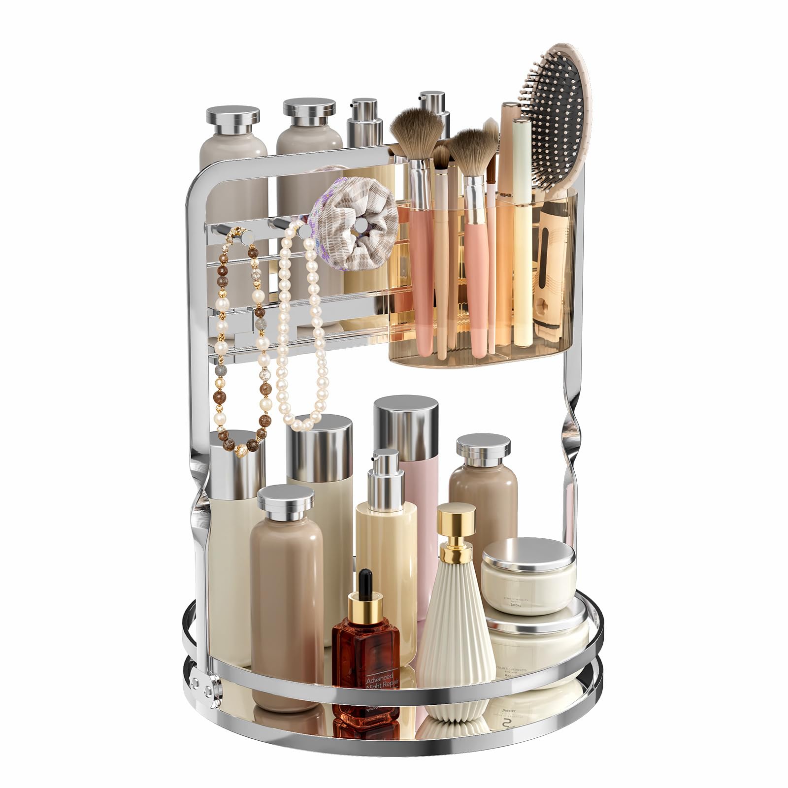 Support de maquillage rotatif avec 2 étagères et base mobile pour bouteilles parfumées, pinceaux de maquillage, accessoires de maquillage