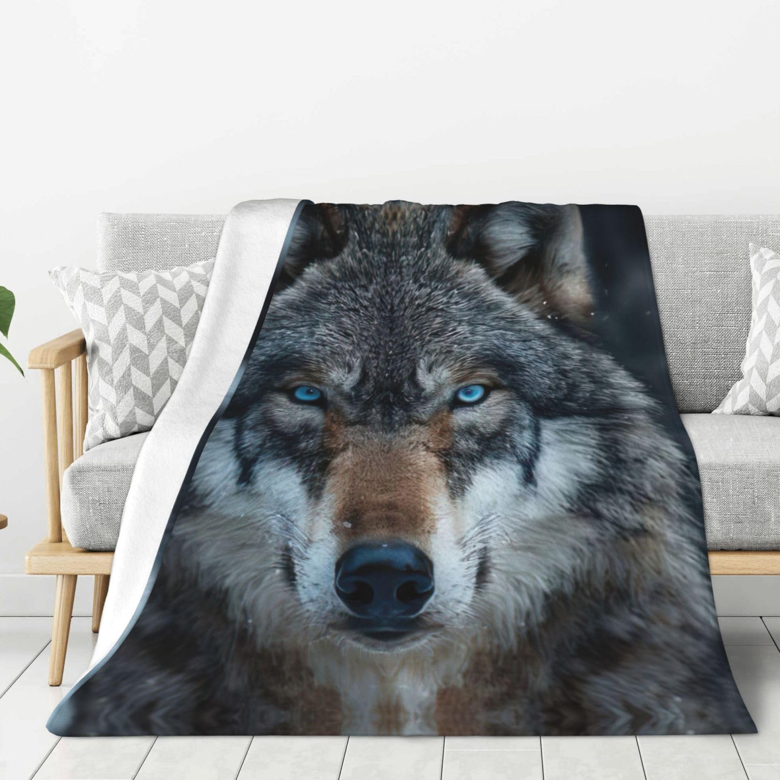 Couverture loup aux yeux bleus en flanelle premium pour canapé