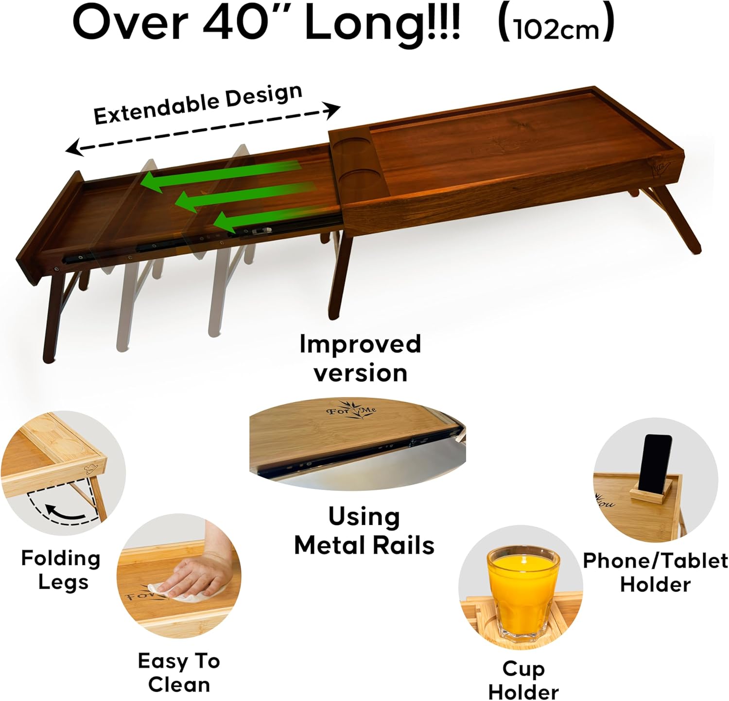 Breakfast Bed Table Tray for Two - One Piece, Dual Use Couple Bed Tray w/Cup Holder - Food Trays for Eating on Couch, Space Saving Breakfast Table w/Metal Rail - Gift Ready - Bamboo Wood