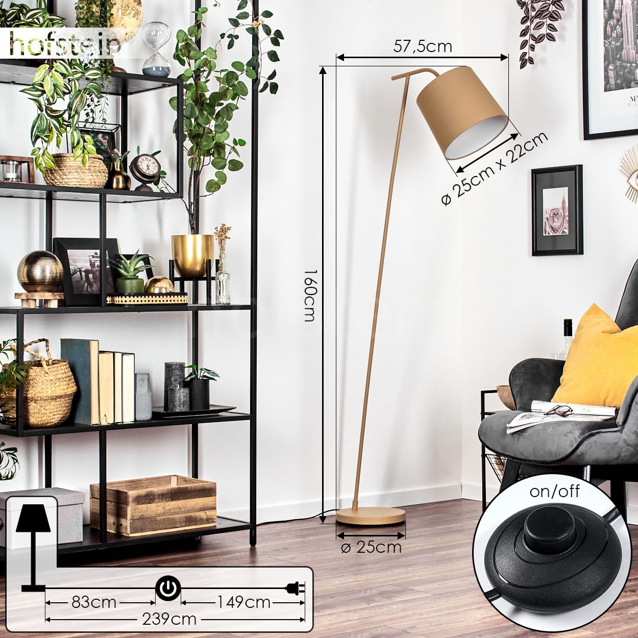 Lampada da terra Palmeiros, lampada da terra in metallo/tessuto beige/bianco, lampada in stile boho con paralume rotondo (Ø 25 cm) e interruttore a pedale, altezza 160 cm, 1 x E27, senza lampadina