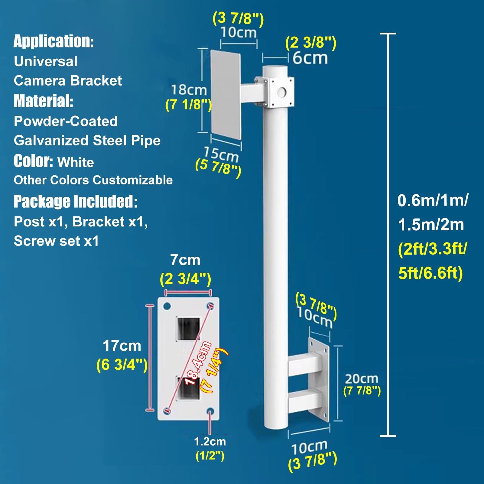 Poste para cámara, Soporte Universal de Pared para cámara de Seguridad - Soporte de Poste Exterior antioxidante para cámaras solares - Rack de vigilancia Duradero de 60 cm (2 pies) en Color