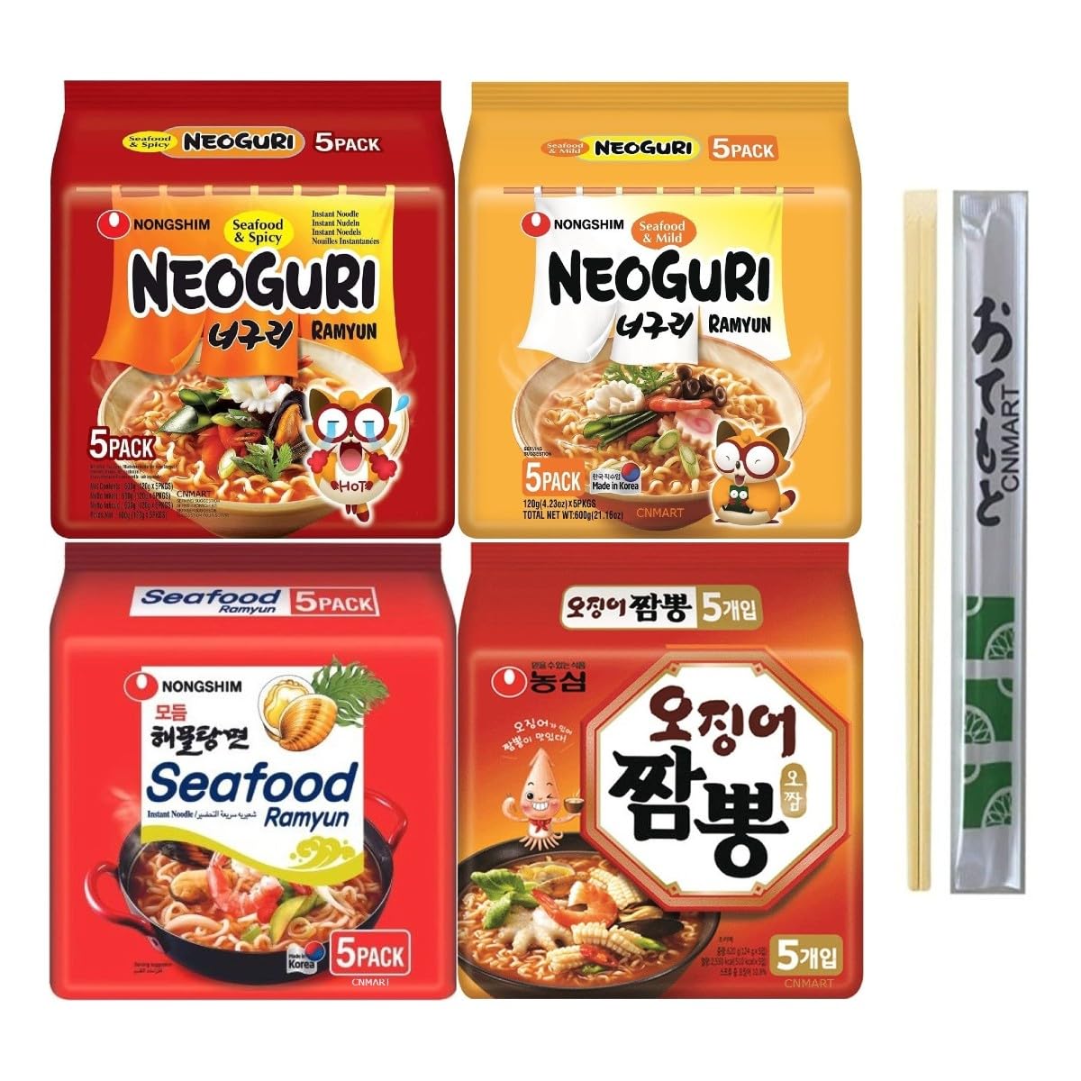CNMARTKorean Instant Ramen Box - Neoguri Spicy, Neoguri Mild, Seafood, Champong Gourmet Spicy Noodle 4 Assorted Flavours (Pack of 20) with Chopsticks