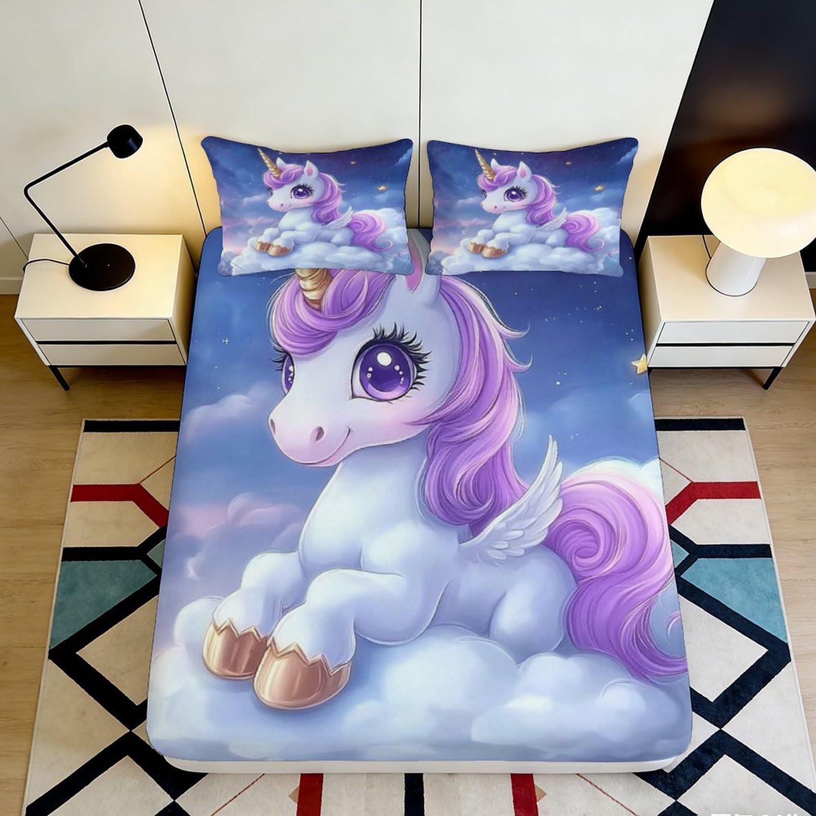 3D Printed Cute Unicorn Fitted Sheet Microfiber Soft Pastel Fantasy Cloud Mattress Cover for Bedroom Dorm Decor 90x200x25cm