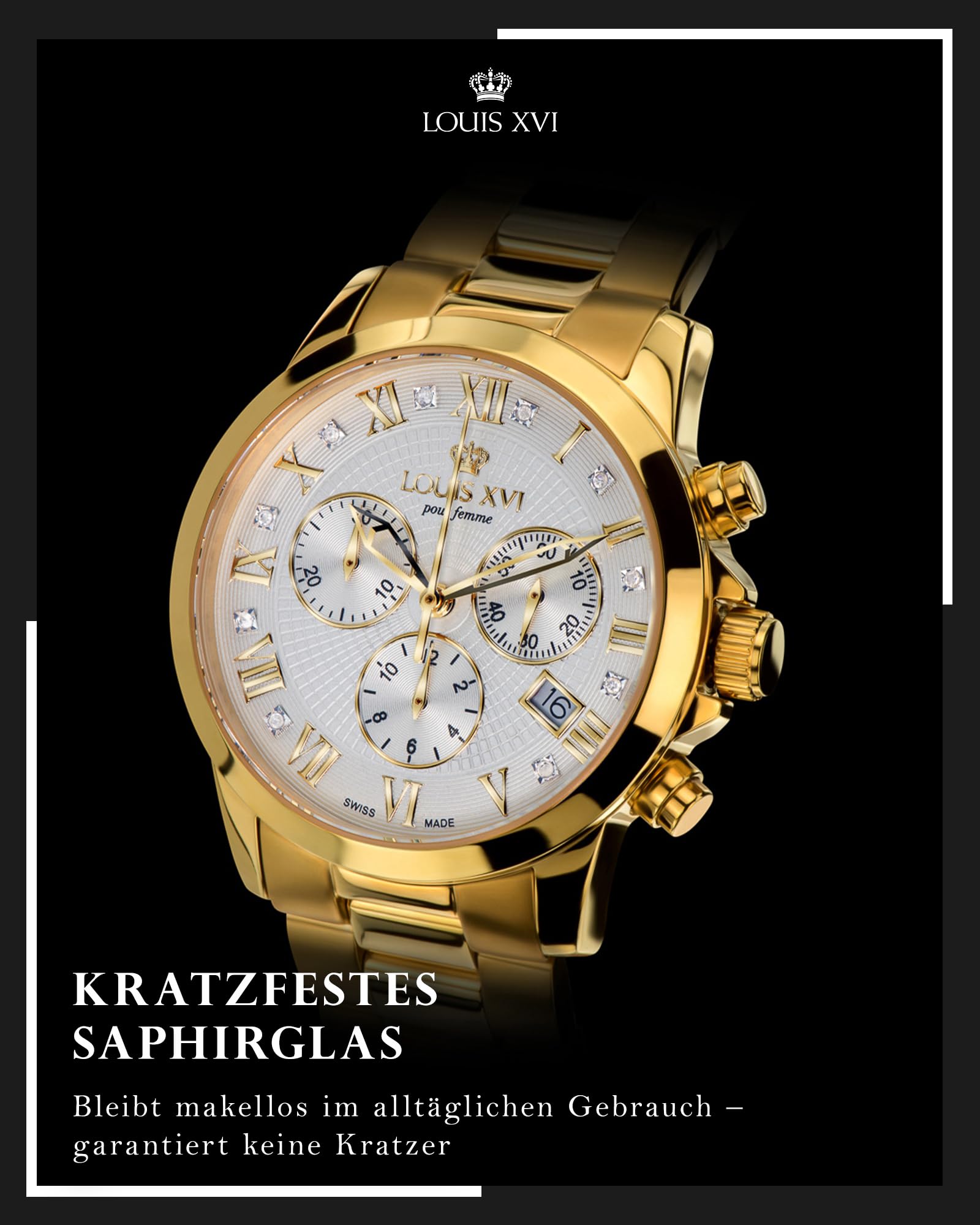 LOUIS XVI Damen-Armbanduhr Athos Pour Femme Stahlband Gold Zifferblatt Schwarz/Weiss Chronograph Analog Quarz Edelstahl