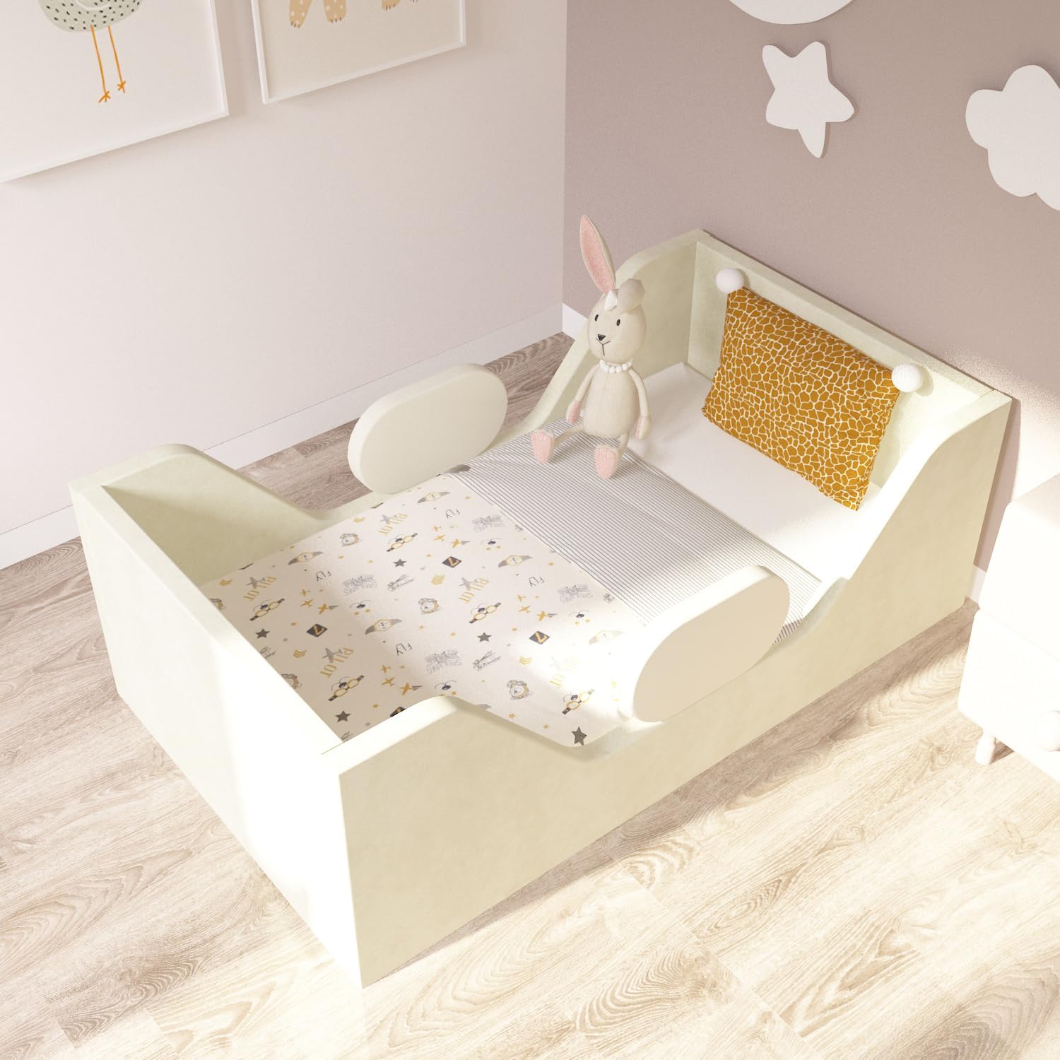 weeonekids Toddler Bed, Child Bed for Kids with Extra Safty Broad, Standard Crib Size Toddler Bed, Certified Fabric Toddler Beds,Toddler Flood Bed (Light Khaki)