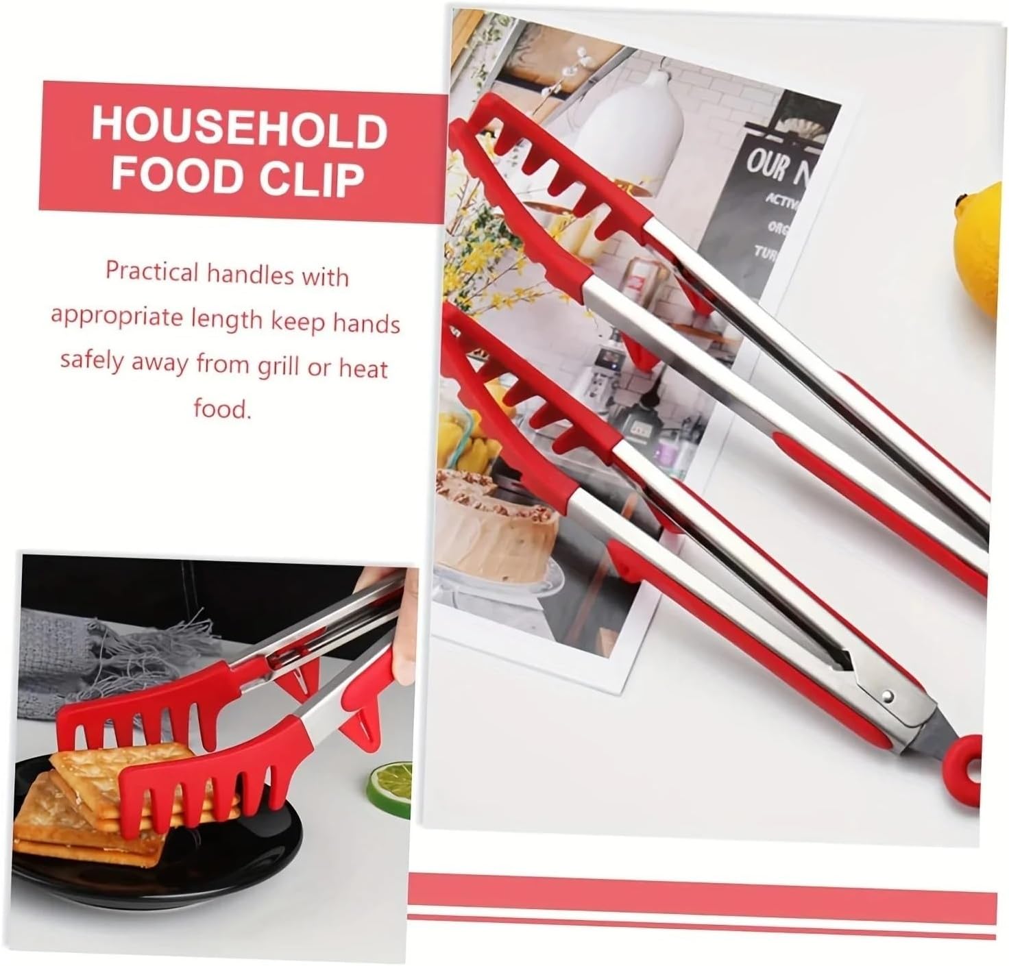 12-In Food Clip Noodle Tongs Silicone Non-Slip Serving Pasta Spaghetti Tong Stainless Steel Handle Serrated(Black 1PC)