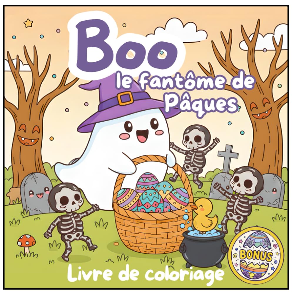 Boo le fantôme de Pâques - Livre de coloriage: Un cahier de coloriage de Pâques rigolo et spooky : 30 Illustrations uniques de fantômes mignons, lapins et œufs magiques pour enfants dès 3 ans