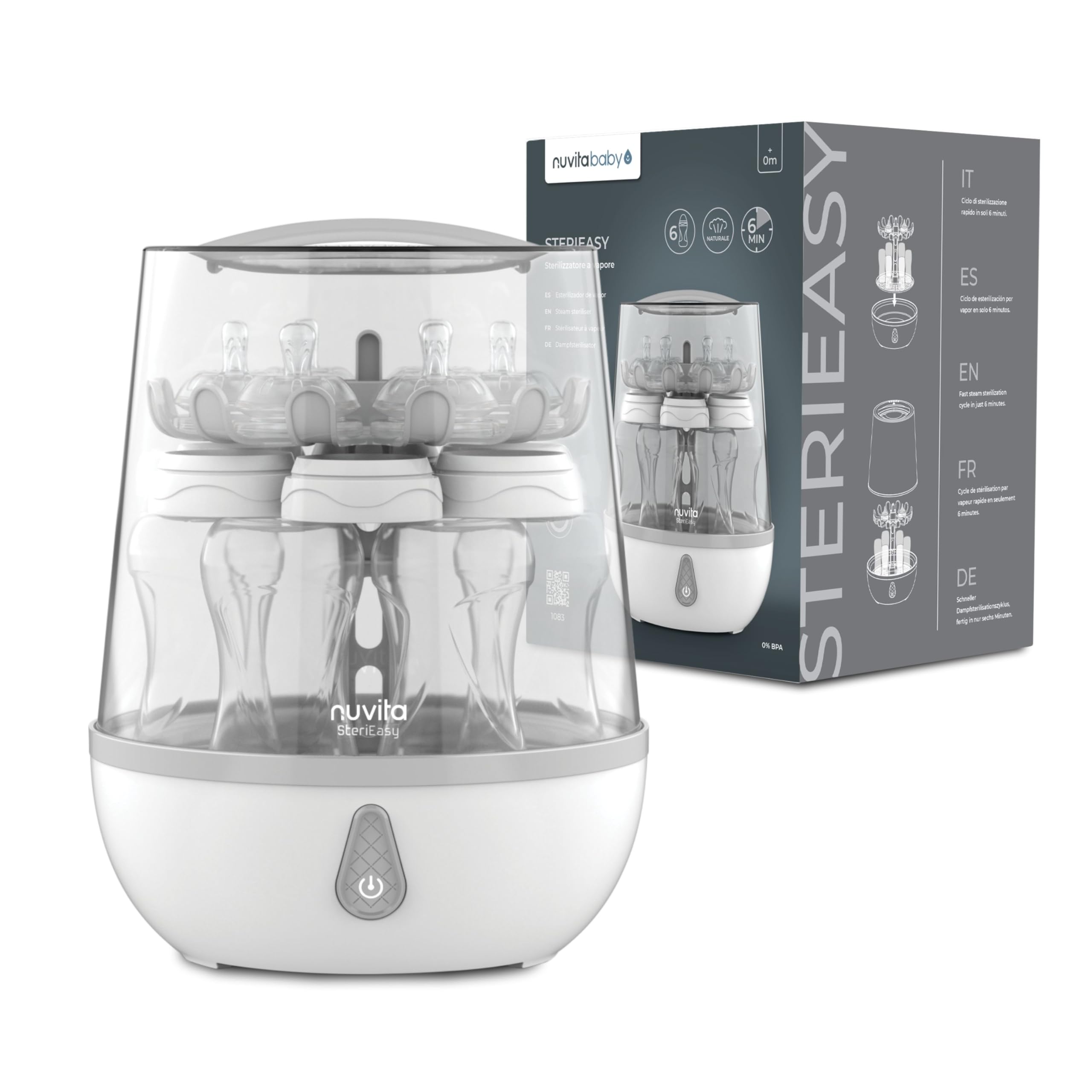 Nuvita STERIEASY 1083 - Sterilizzatore Biberon Elettrico a Vapore - Fino a 6 biberon in soli 6min - Piastra Riscaldante Acciaio Inox Facile da Pulire- Senza BPA - Design italiano