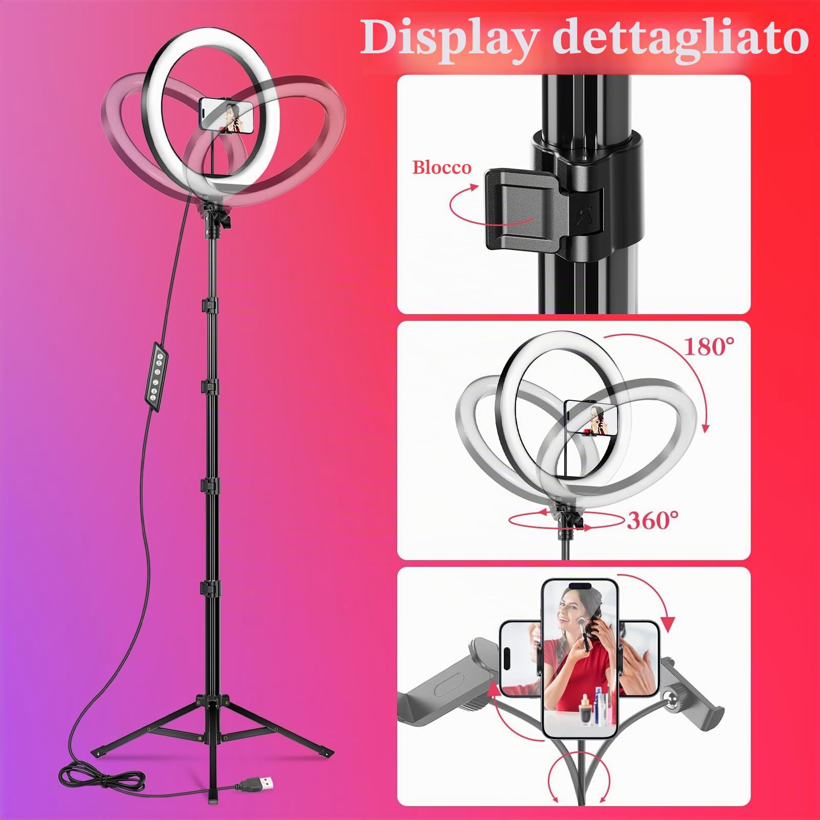 Ring Light Professionale, 182cm Treppiede per Smartphone con Luce, 10" Luce RGB Dimmerabile ad Anello per Selfie, Youtube, TikTok, Video & Fotografia