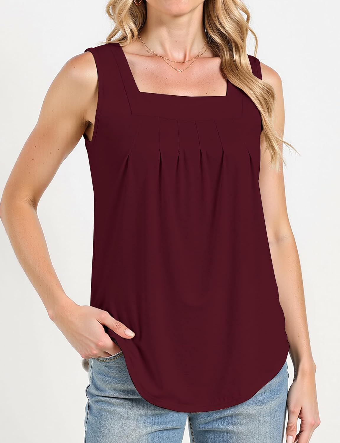 女性用タンクトップ、夏、プリーツルーズフィットスクエアネックノースリーブトップス 流れるような外出トップス ベーシックシャツ