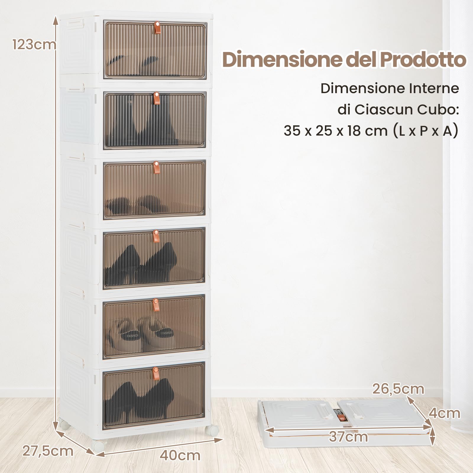 COSTWAY Scarpiera Pieghevole a 3/4/6 Piani, Mobile Multiuso Impilabile con Porte Trasparenti Magnetiche e Ruote Piroettanti Bloccabili, Contenitore con Coperchio per Cibi Giocattoli Abiti (6 Piani)