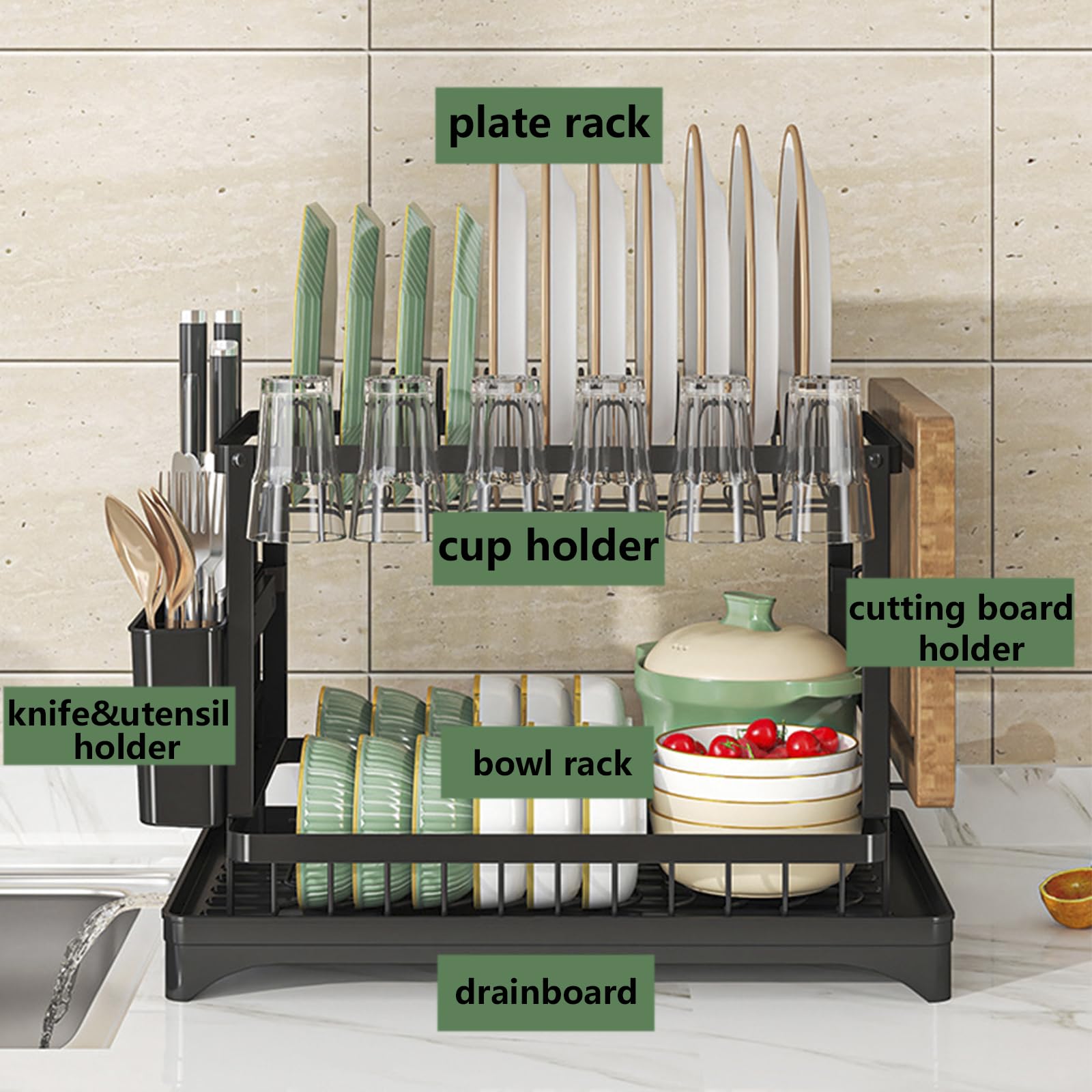Egoutoire Vaisselle Cuisine,Séchoir à Vaisselle à 2 Niveaux pour Comptoir de Cuisine avec Plaque de Drainage,Egouttoir Vaisselle de Grande Capacité avec Porte-Couverts&Porte-gobelets