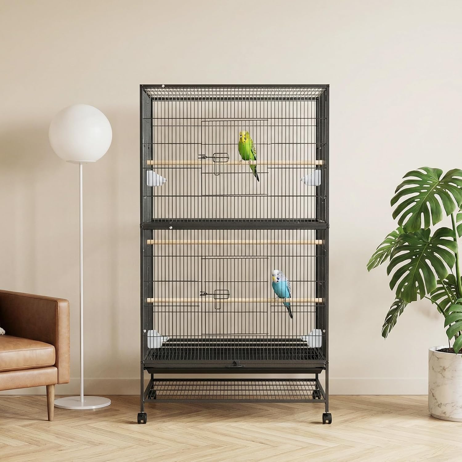 36" Double Layer Large Bird Cage for Parrots & Macaws – Rolling Stand, Storage Shelf, Removable Tray, Perches, Feed Bowls – Indoor Aviary – Size: 36 inch