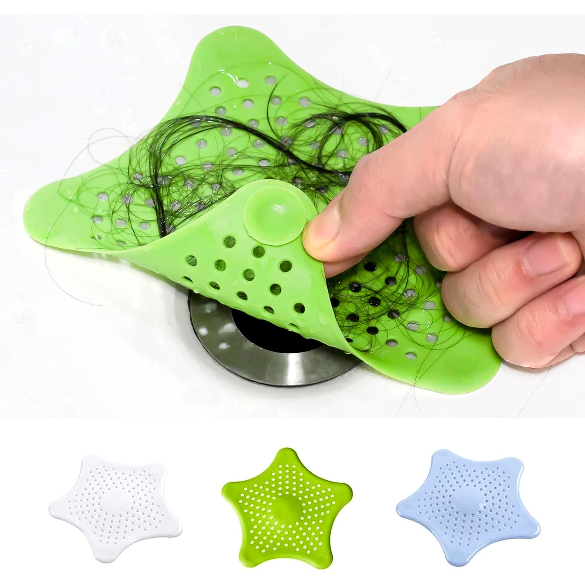 Drain Hair Catcher 3 Pack - Star Shaped Silicone Drain Cover with Strong Suction Cups - Kitchen Bathroom Shower - Prevents Clogs - 5.9 Inch (Pink, Red, White, Green, Blue, Black) - 2