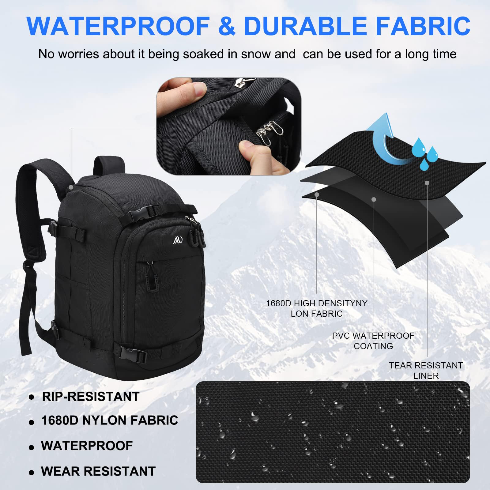 Skischuhtasche, 50 l, Skischuh-Reiserucksack, 1680D Nylon, wasserdicht, Skitasche für Skischuhe, Skihelm, Brille, Handschuhe, Bekleidung und Skiausrüstung, Zubehör für Männer, Frauen und Jugendliche,