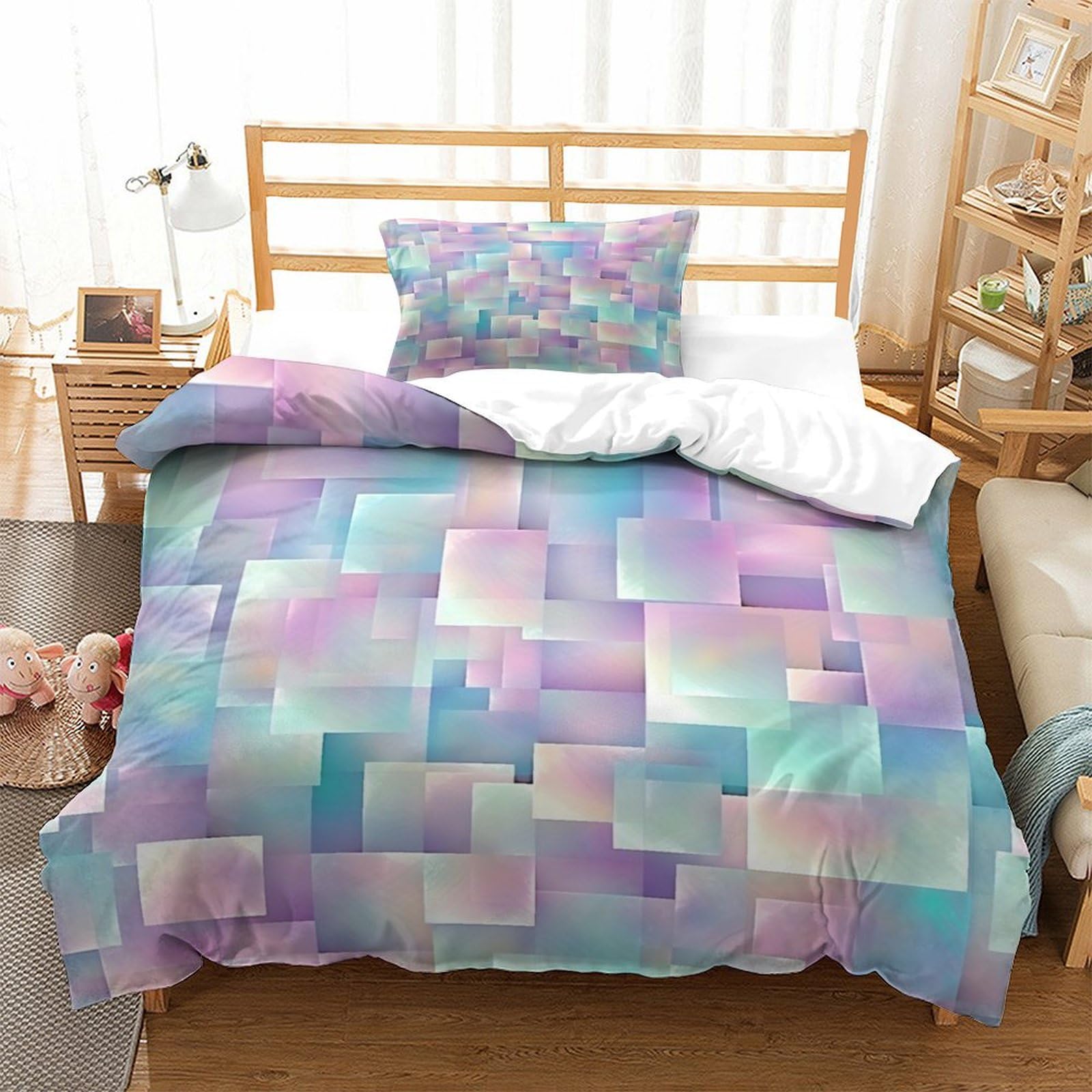 P1S9U7W5Y Ombre Mosaic 3D Printed Duvet Cover Set 3pcs Microfiber Pastel Geometric Bedding Set Single（135x200cm）