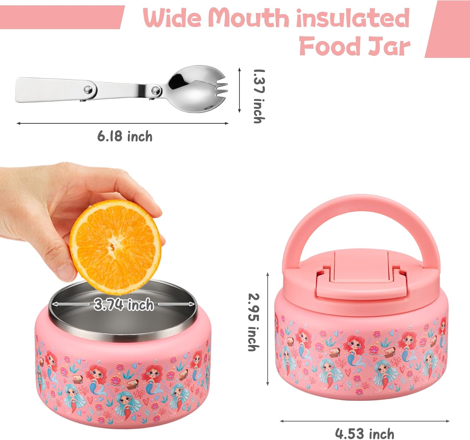 13.5oz Soup Thermo for Hot Food Kids Insulated Vacuum Food Jar with Buckle Lid,Wide Mouth Leakproof Stainless Steel Lunch Container with Spoon-Mermaid - Image 7