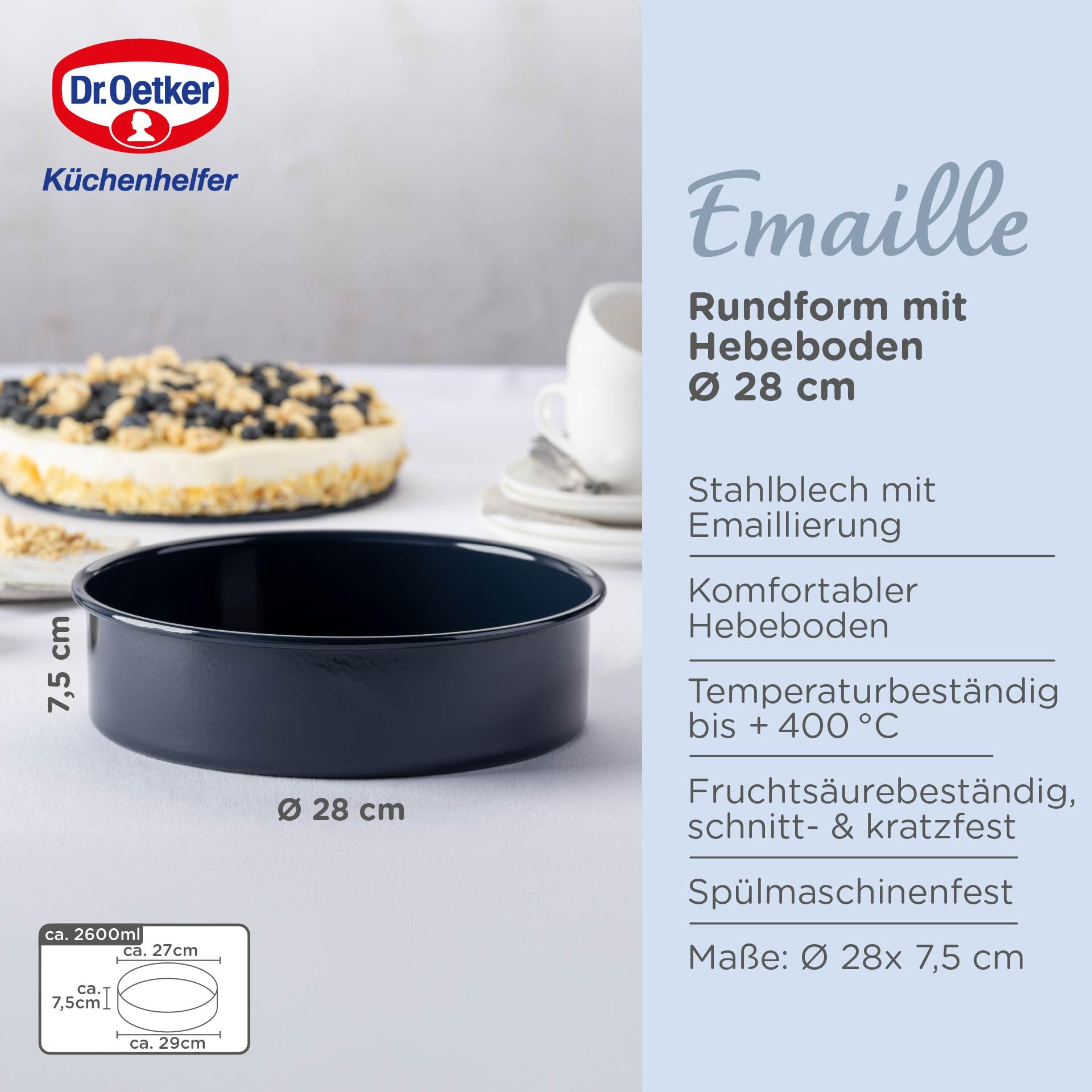 Dr. Oetker Backform Ø 28 cm Back-Liebe Emaille mit Hebeboden – Runde Kuchenform mit schnitt- & kratzfestem Emaille-Boden – 28er Kuchenbackform mit hohem Rand für Kuchen und Torten