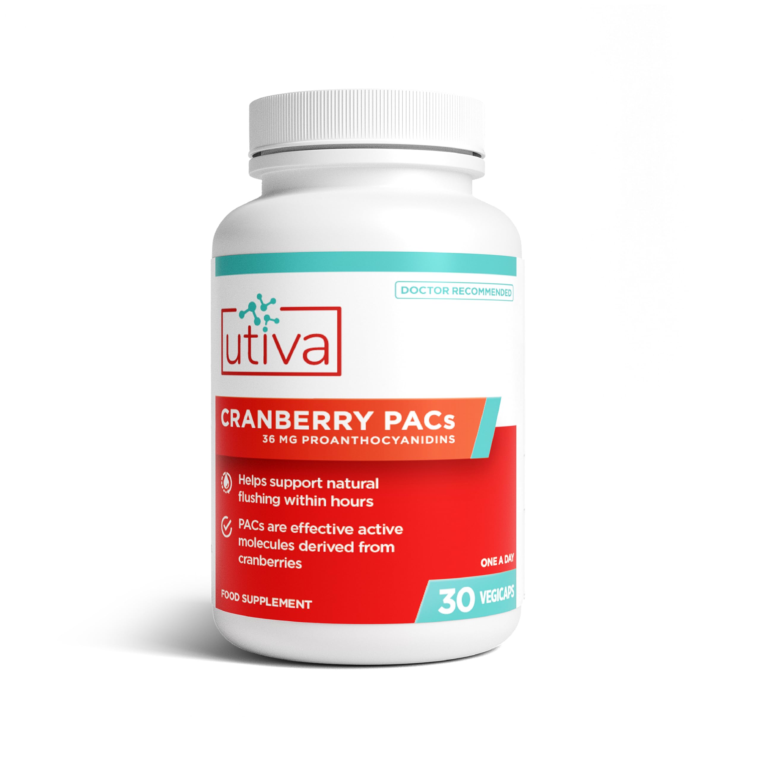 Utiva Cranberry PACs, Inc. - 30 Vegi Caps – 36 mg Soluble PACs DMAC/A2; Promoting a Healthy Urinary Tract; Non-GMO, Vegan, Gluten-Free, Bladder Health.