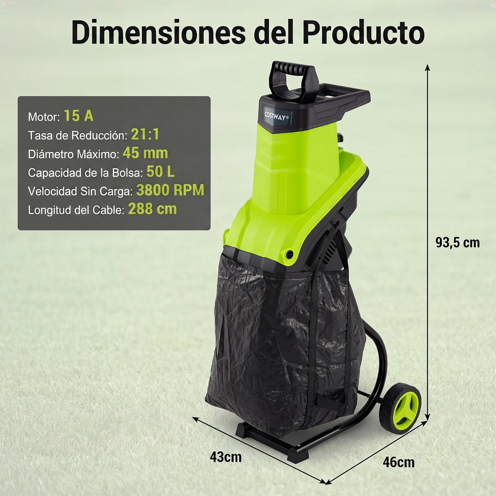 COSTWAY 2500W Trituradora de Ramas con Ruedas, 50 L, Ø 45 mm (Verde) | Biotrituradora Eléctrica,Relación de Reducción 21:1, Paleta de Empuje para Jardín