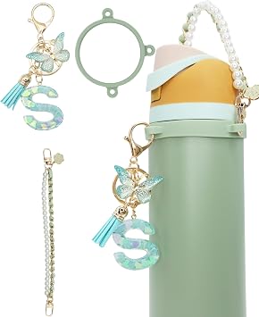 TOVICE Letter Accessories for Owala Water Bottle 24-40oz, 3PC Cute Initial Keychain & Water Bottle Handle Strap with a Thick Elastic Silicone Ring Holder Mint Green, S
