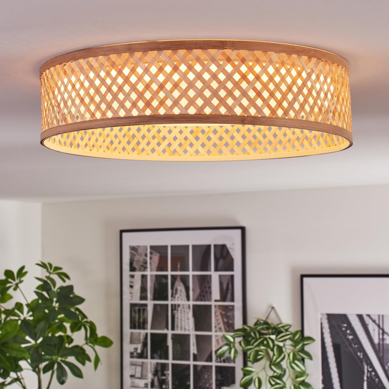 HOFSTEIN LED Deckenleuchte Barroco, dimmbare Deckenlampe aus Metall/Bambus/Kunststoff in Weiß/Natur, Boho-Leuchte mit Memory-Funktion, CCT einstellbar, Fernbedienung, 24 Watt, Wohnzimmer, Schlafzimmer