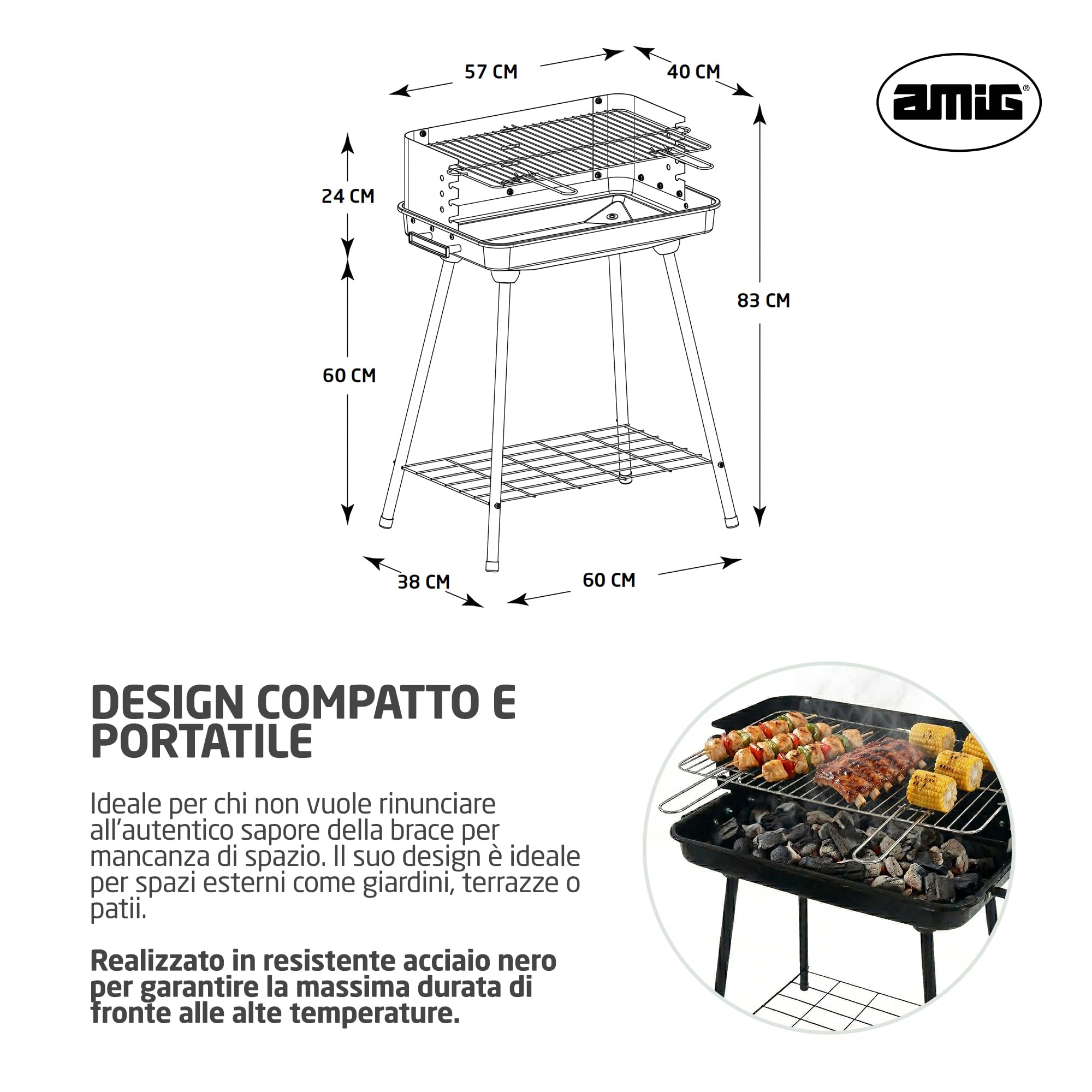 Amig - Barbecue a carbone - 67 x 40 x 82 cm - Nero - Fabbricata in Acciaio - Giardino e patio - per riunioni all'aperto con esperienza d'uso comoda e facilità di pulizia dopo ogni utilizzo. Mod. ORYX