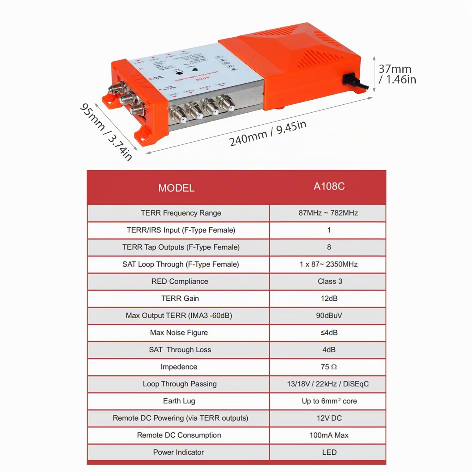 HUIOP Amplificatore di distribuzione professionale a 8 vie con TV terrestre loop-through IRS e amplificatore di distribuzione radio 87-2350 MHz Antenna TV Ripetitore di segnale A basso rumore Alto gua