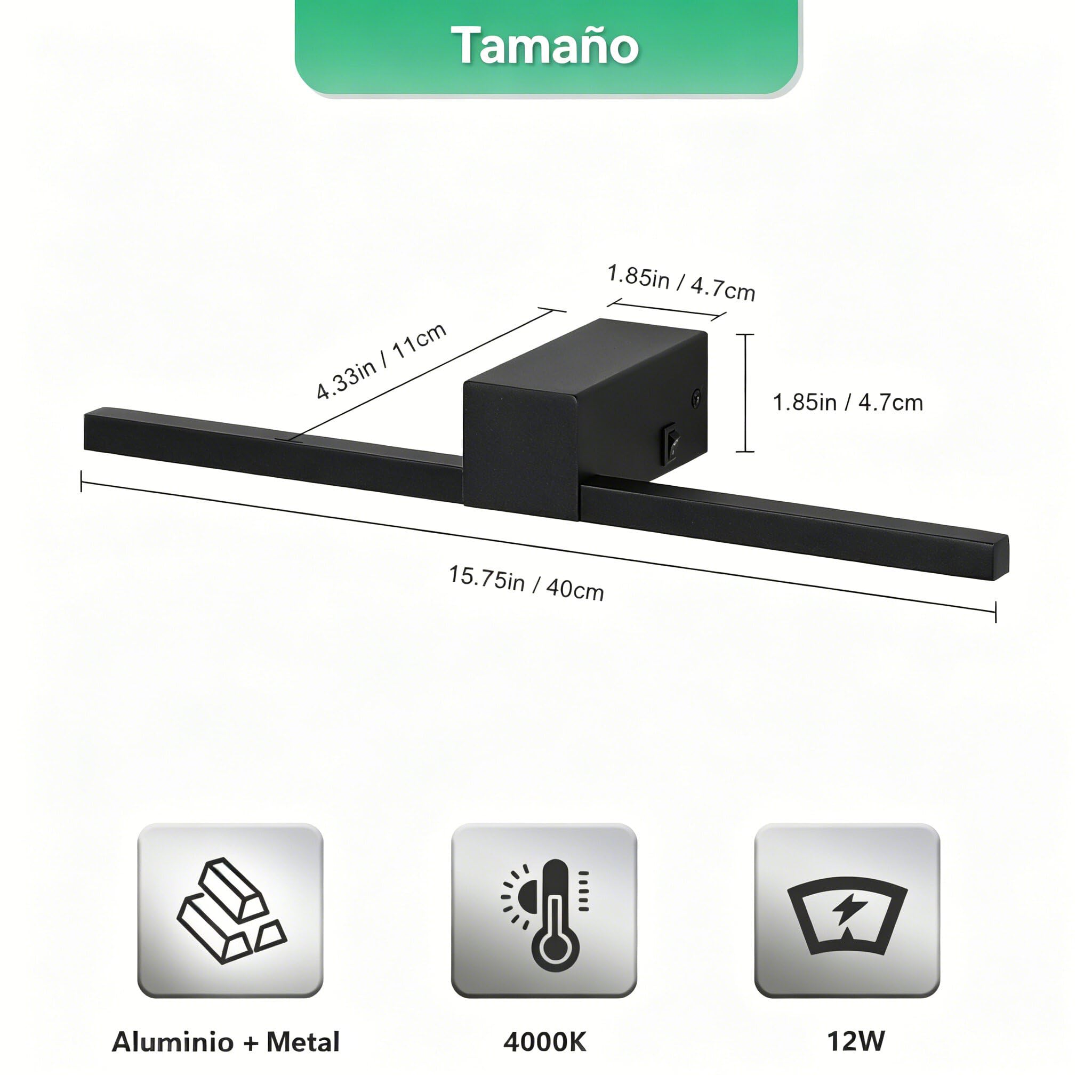 Lámpara de Espejo Baño LED 40CM 12W 960LM, Blanco Neutro 4000K Aplique Espejo Baño Moderno para Maquillaje IP20 (Negro)
