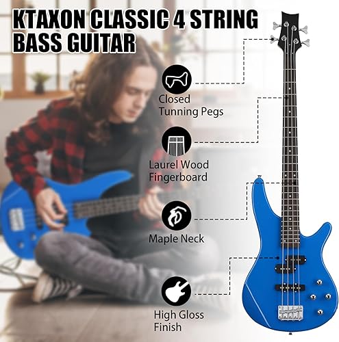Vista 14 de Ktaxon Bajo eléctrico de 4 cuerdas, tamaño completo, estándar para diapasón de palisandro para diapasón, diapasón, diapasón, kit para principiantes