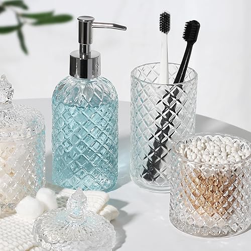 Miniatura 5 de RYTOXILO Juego de accesorios de baño, juego de 4 accesorios de baño de vidrio transparente, dispensador de jabón de diamante y soporte para cepillo