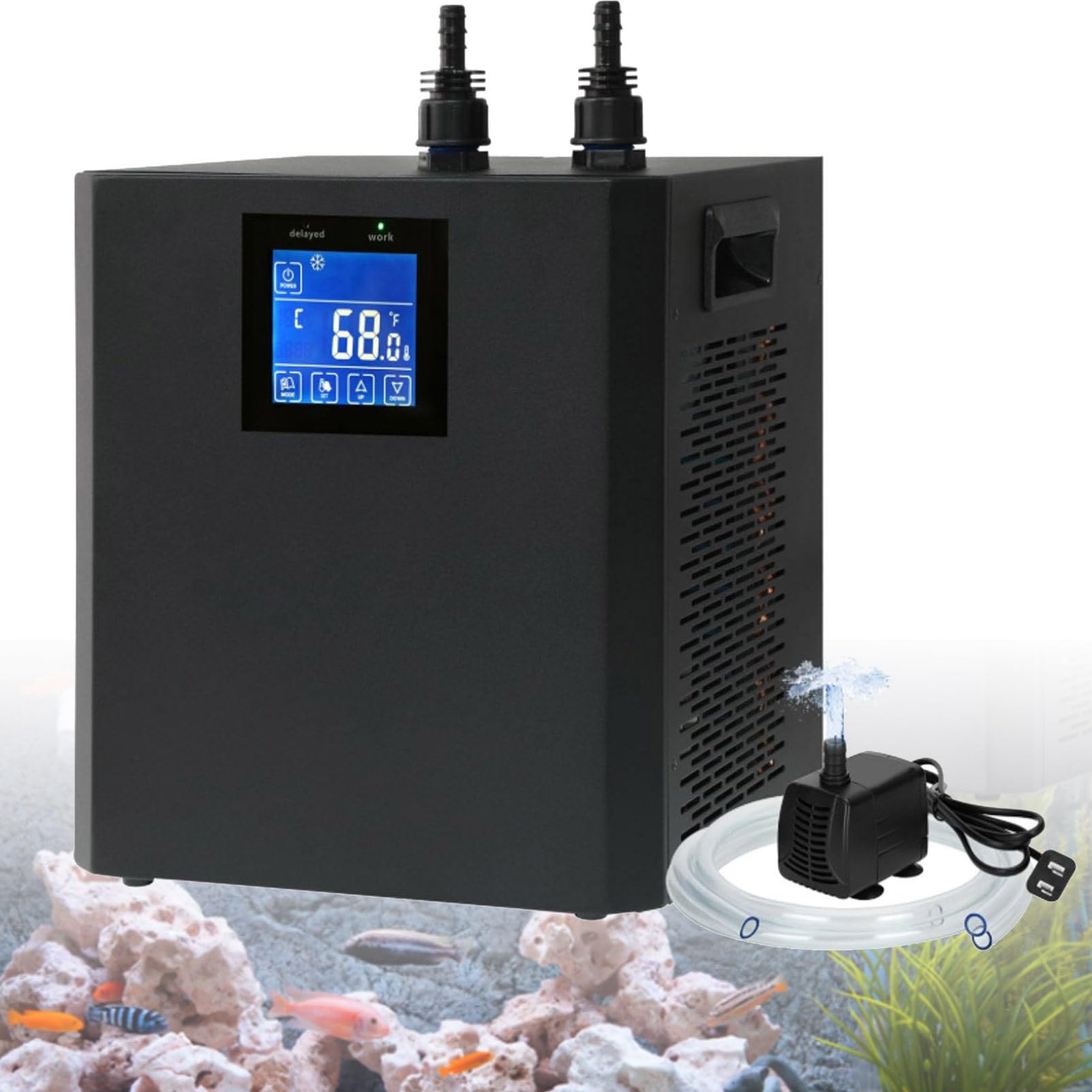 Cashwise Aquarium Chiller, 1/3HP Water Chiller Machine, Fish Tank Cooler with Water Pump & 2 Pipes, Touch Screen, Remote Control, for Axolotl Seawater Freshwater Coral Grass Tank