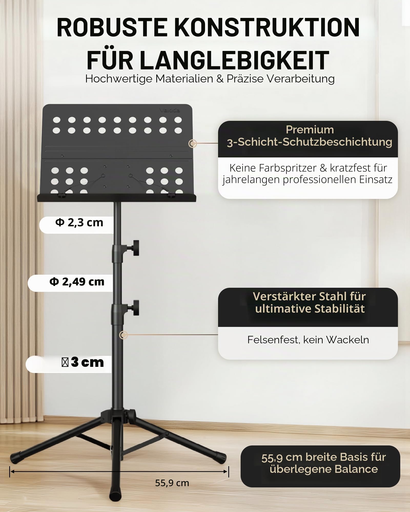 Vekkia Notenständer – Professioneller Notenständer klappbar stabil aus Metall mit perforierter Notenablage, höhenverstellbar und faltbar, inkl. Tragetasche, ideal für Bandauftritte und Proben