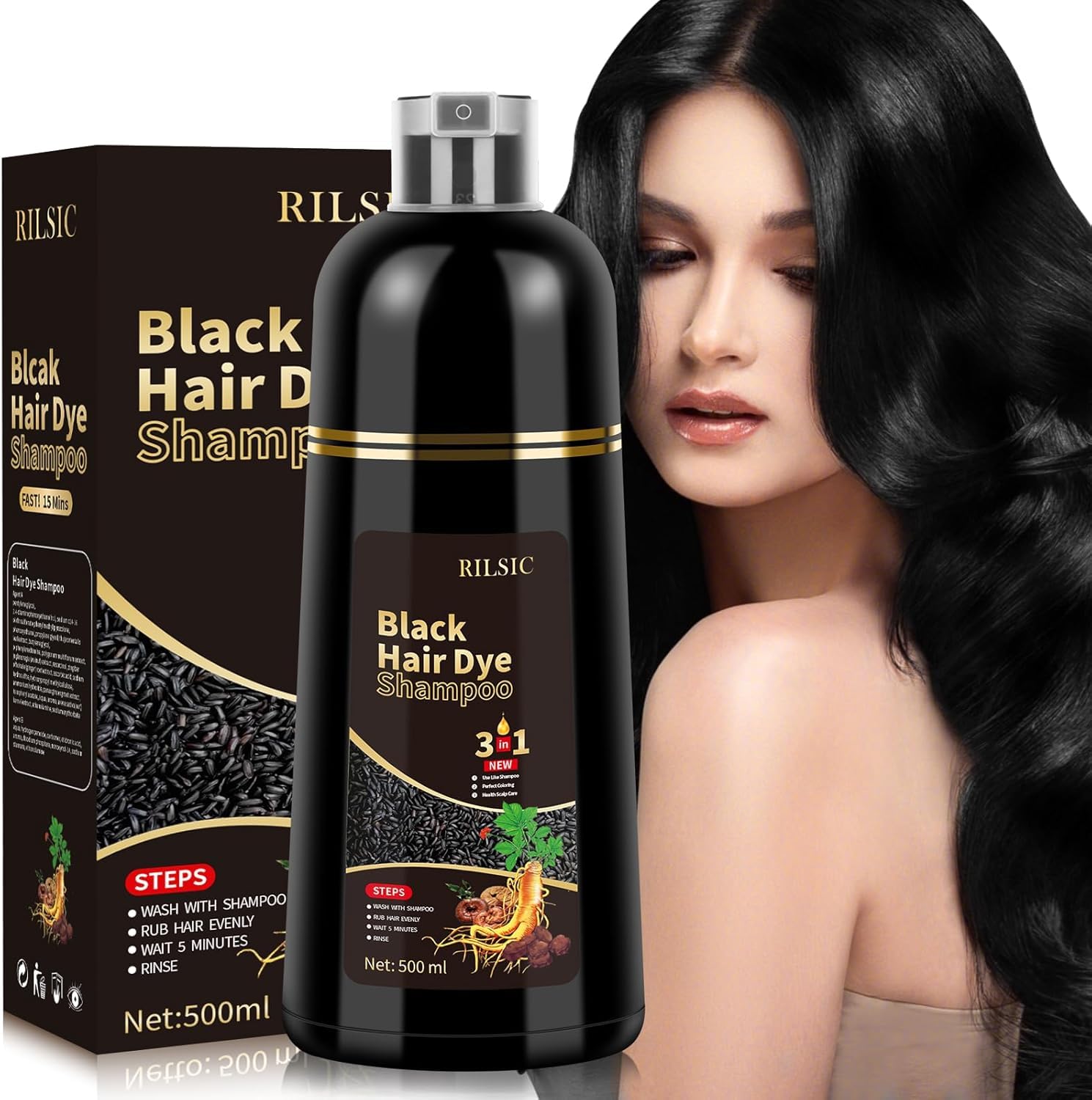 JELMOK 500ML Black Hair Dye Shampoo 3 in 1 for Grey Hair Coverage