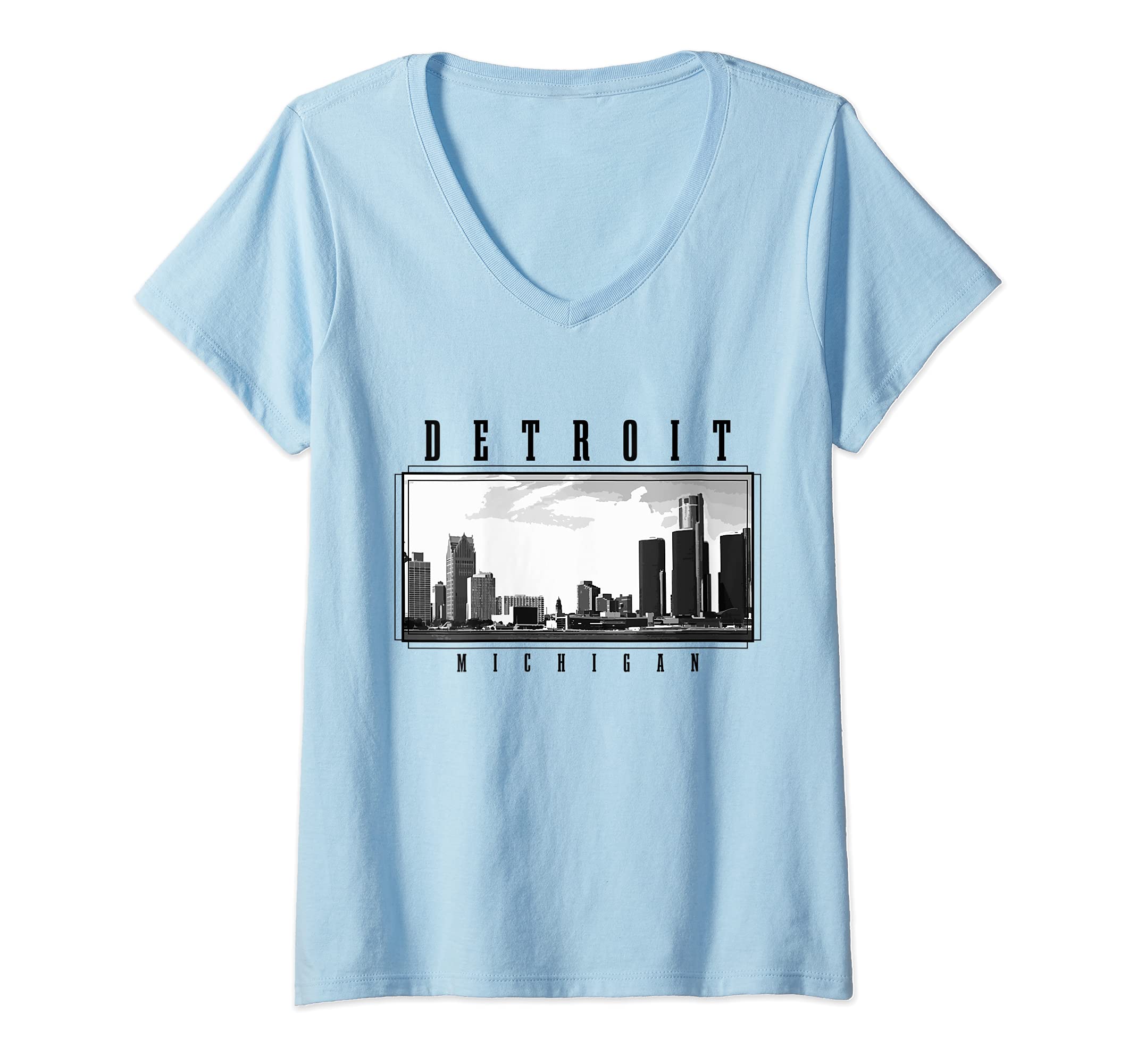 Womens Detroit Skyline Michigan Pride Vintage Detroit V-Neck T-Shirt, Black