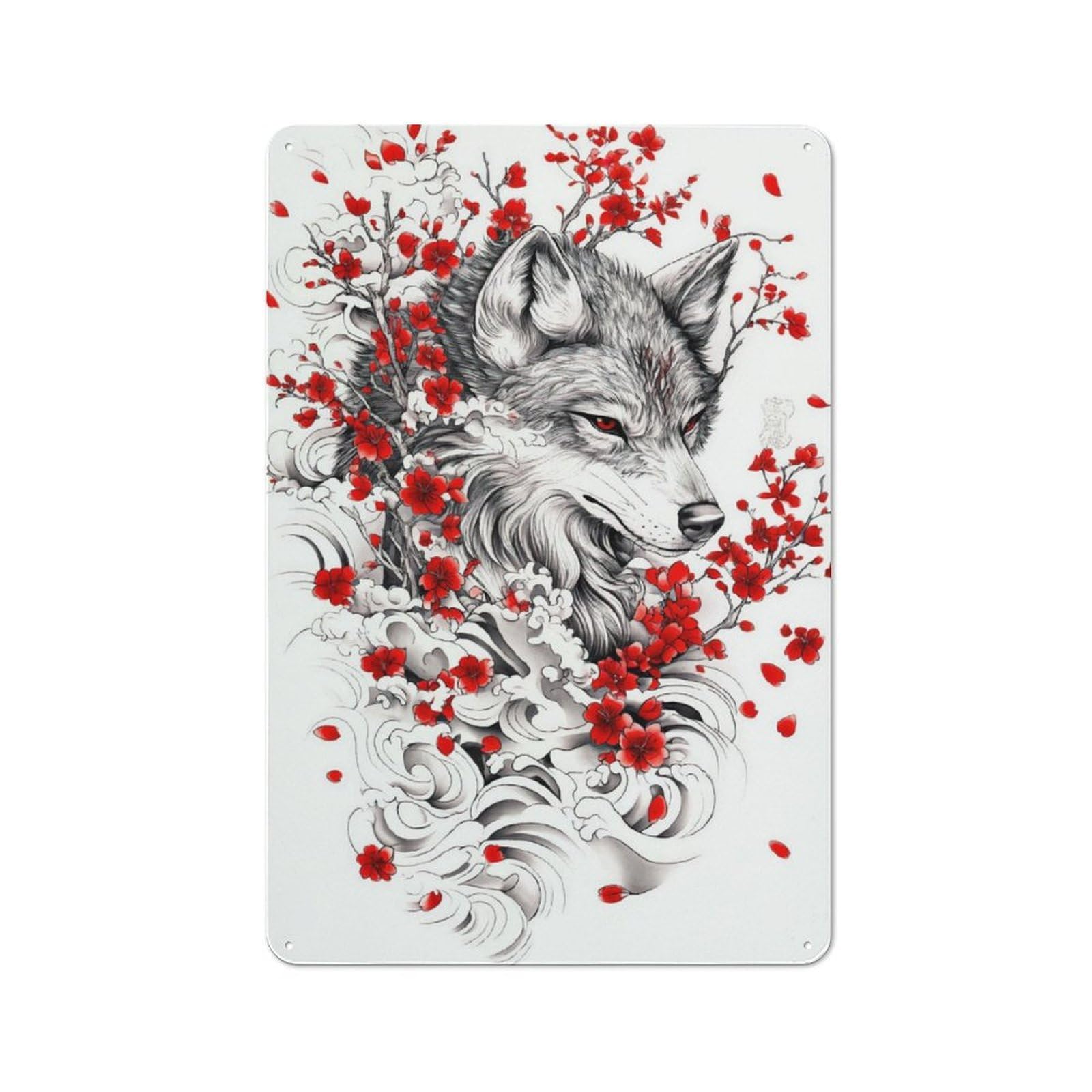 Junmoney Wolf With Cherry Blossoms Vintage Tin Sign 30X20cm With For Kitchen Or Home Bar, For Metal Sign Collectors, For Kitchen And Home Bar Decor