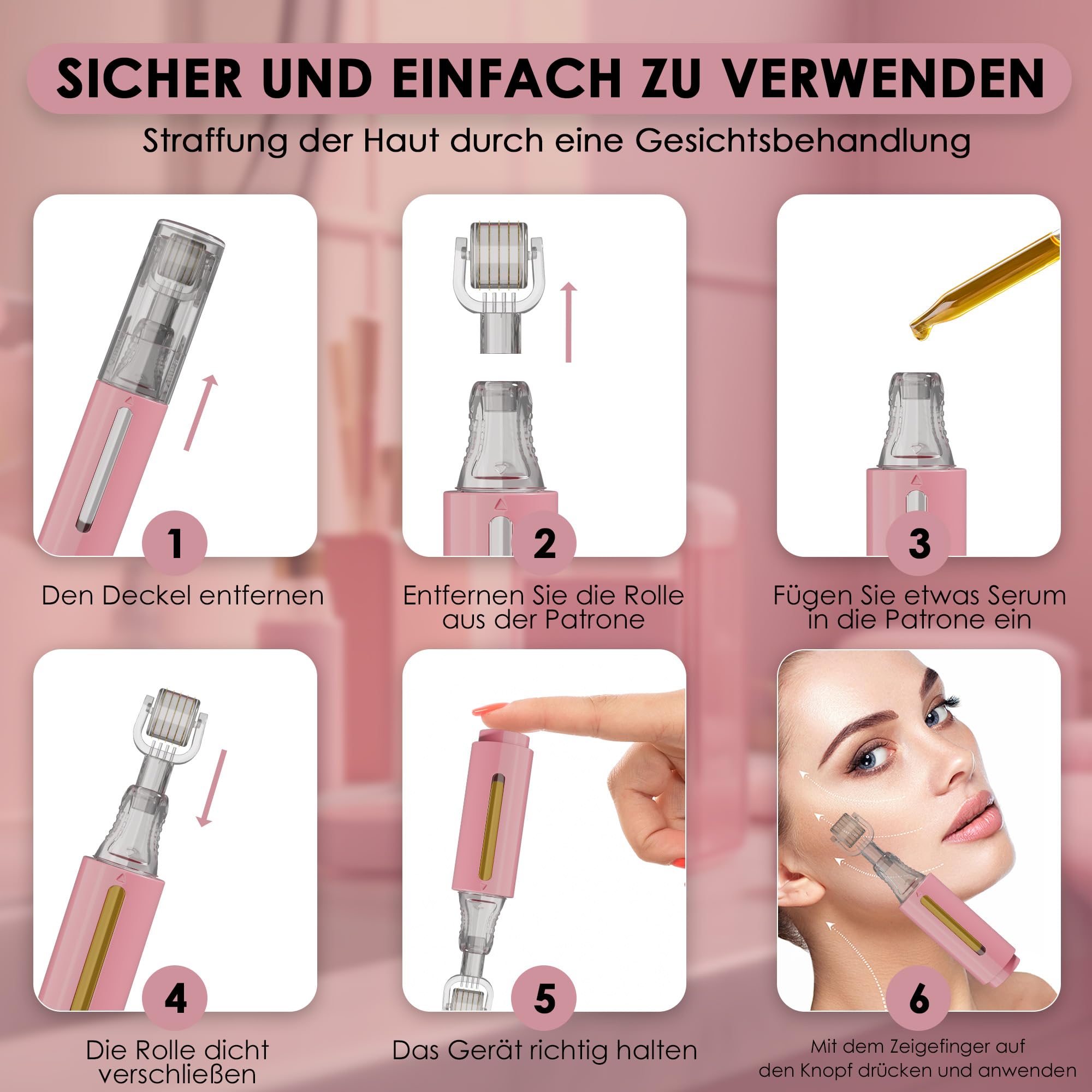 HAMINOS Derma roller 0,25 mm mit Tank für Lippen, Haut, Haare, Falten, Dehnungsstreifen, Hyperpigmentierung SOFORTIGE SERUMANWENDUNG, 105 Titannadeln